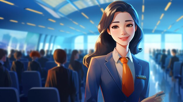 Asian woman working as flight attendant Female airplane stewardess with blurred seats