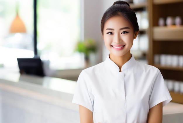 Азиатка, работающая рецепционисткой в спа-центре красоты, приветствует с теплой улыбкой. Она олицетворяет элегантность и обслуживание клиентов, демонстрируя суть позитивного рабочего места.