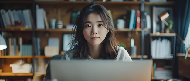 Asian Woman Working on Digital Transformation Project from Home Focus on Reskilling and Upskilling in Martech and Cybersecurity Concept Home Office Digital Transformation Reskilling Upskilling