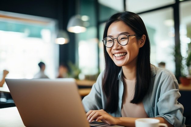 Asian woman working on laptop smiling