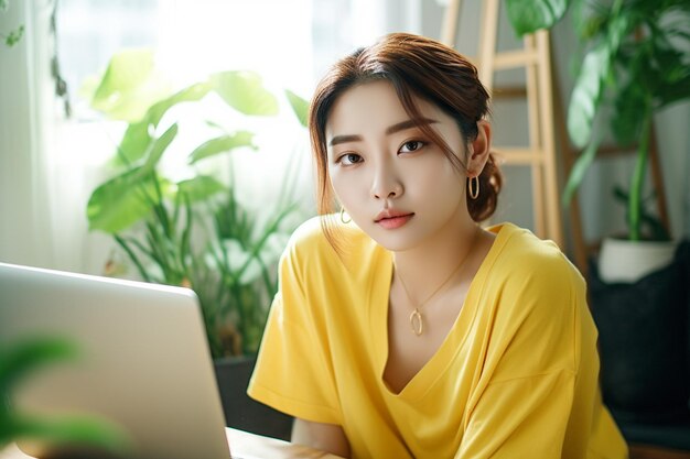 Asian woman working on laptop in yellow tshirt