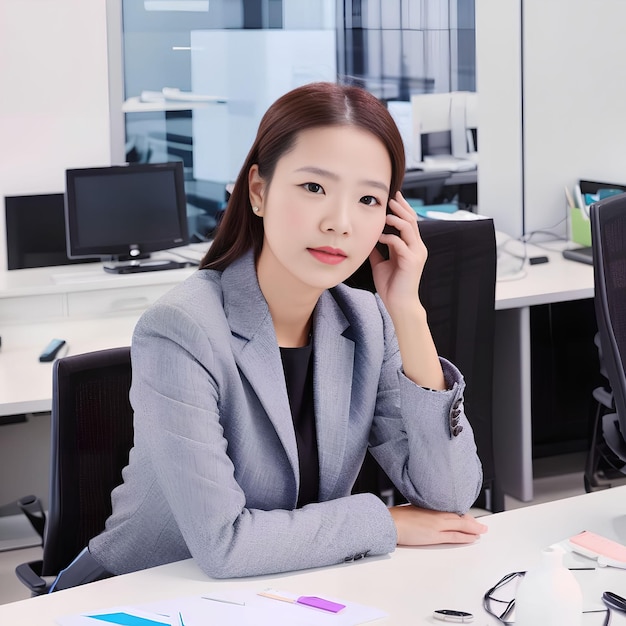 Photo asian woman working at the office generative art by ai