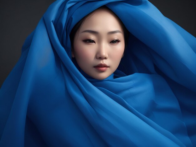 Asian woman wrapped in blue fabric beautiful slim