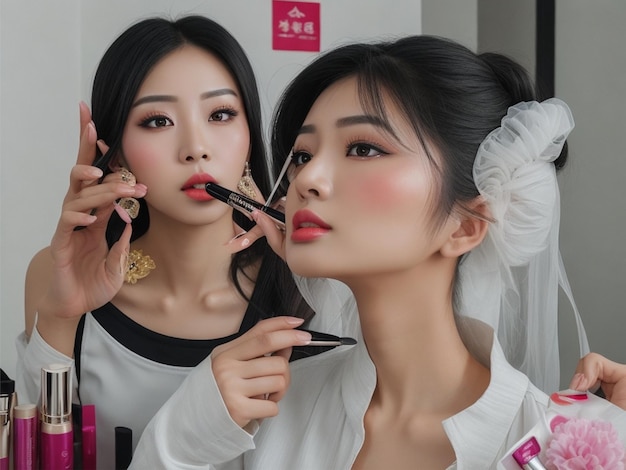 사진 아시아 여성 메이크업 얼굴 여성 화장품 테스트 메이크업을위한 아름다운 얼굴