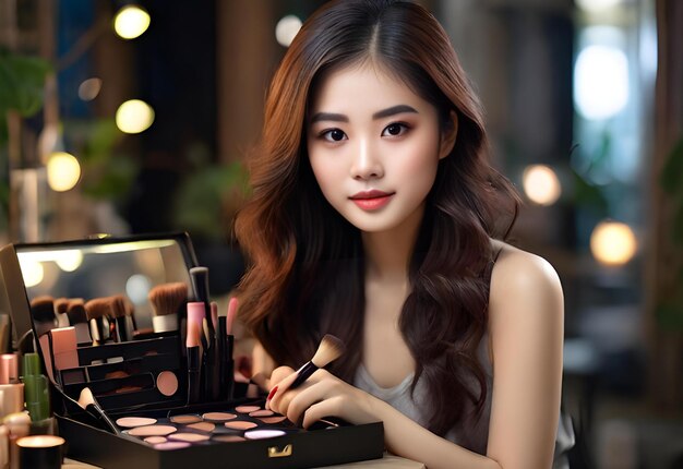 Photo asian womans makeup face woman testing cosmetics beautiful face for makeup