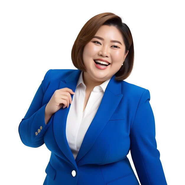 Фото Женщина-азиатская дикторка с приятным и убедительным лицом говорит в камеру в синем костюме