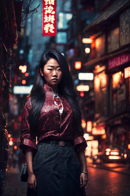 Фото Азиатские женщины на улице ночью, генеративный ии