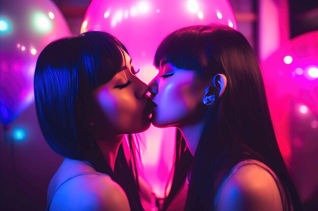 Asian Women Embrace in Neon Glow Generative AI