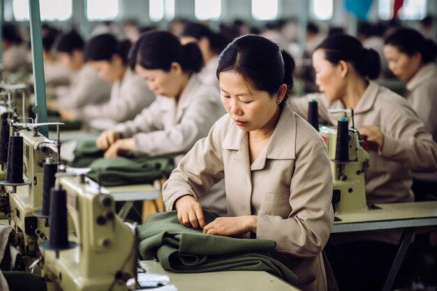 Photo asian women in a factory sewing clothes