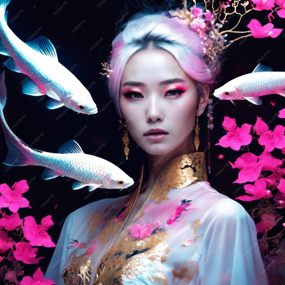 Premium AI Image | Asian Women ghostly long tailed white koi