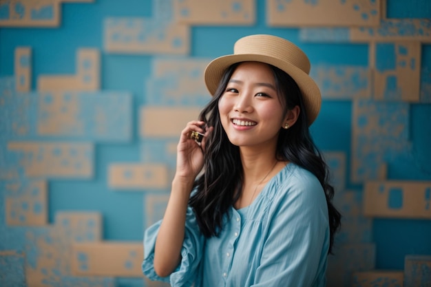 Азиатские женщины улыбаются на синем фоне