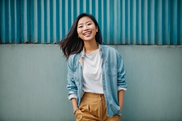 asian women smiling in blue background