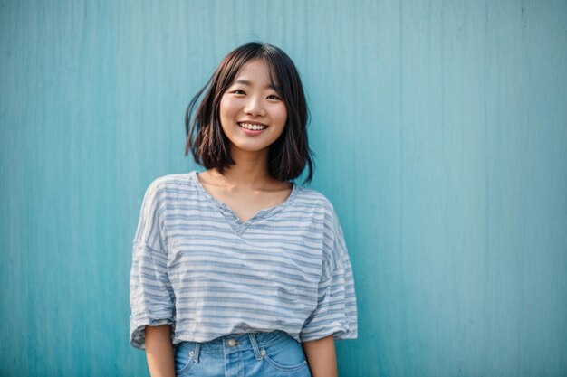 asian women smiling in blue background