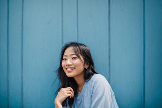 파란색 배경에 웃는 아시아 여성
