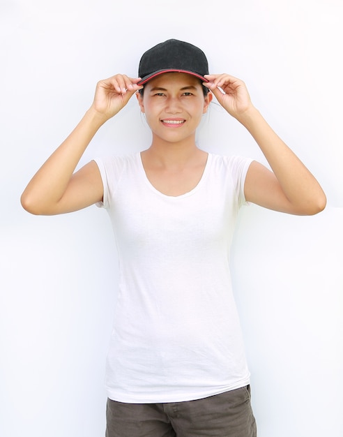 Photo asian women wear casual sport t-shirt and cap