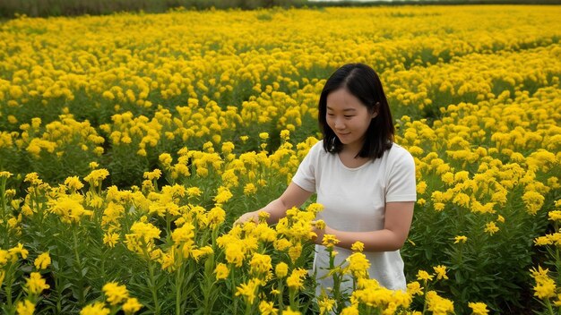 黄色い花の農場のアジア人女性