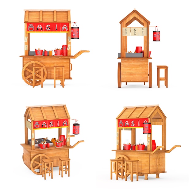 Asian Wooden Street Food Meatball Noodle Cart with Chairs on a white background. 3d Rendering