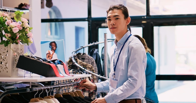 アジア人の労働者が流行の服をハンガーに並べ、衣料品店のビジュアルで働いています。陽気なマネージャーがモダンなブティック店の開店準備をし、新しいファッション コレクションでいっぱいのラックをチェックする