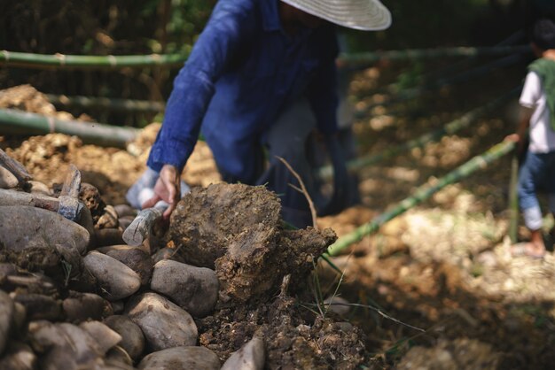 Asian worker building natural check dam