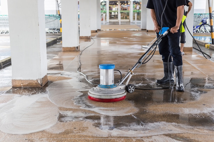 Photo asian worker cleaning sand wash exterior walkway