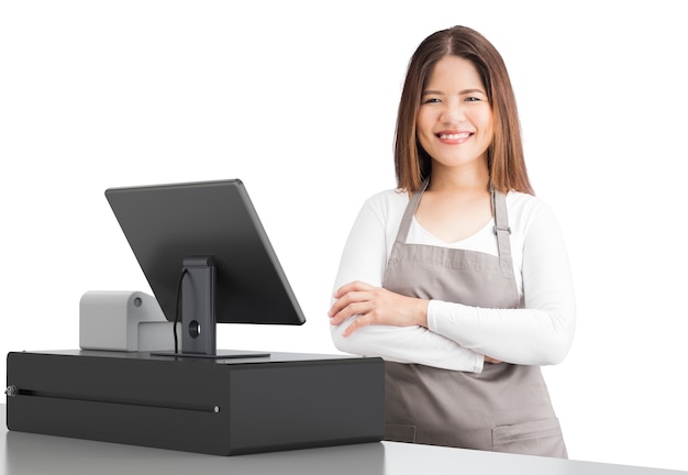 Asian worker with 3d rendering cashier desk on white background
