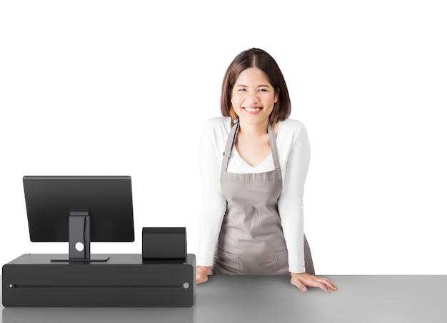 Asian worker with 3d rendering cashier desk on white background