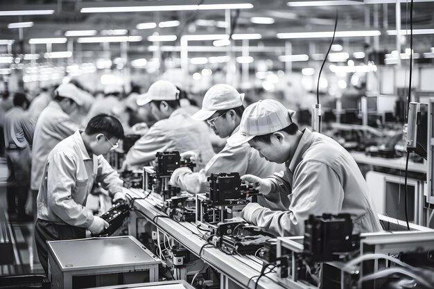 Фото Азиатские рабочие усердно работают на высокотехнологичной фабрике, окруженной машинами.