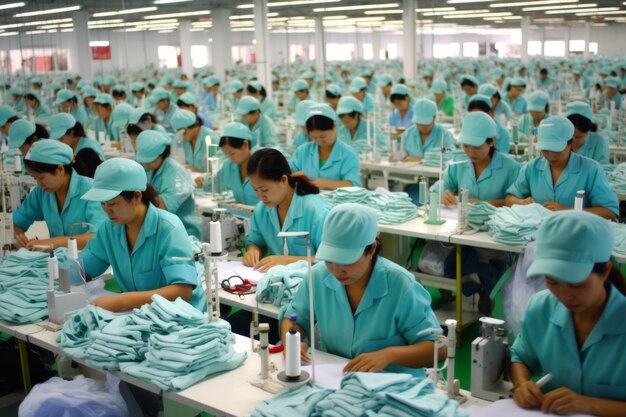 Asian workers on clothing factory assembly line clothes manufacturing cotton factory wear dressing