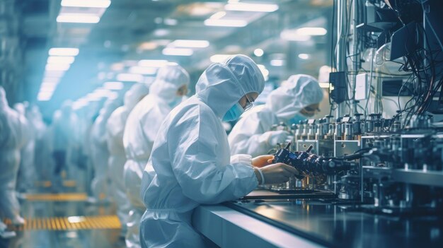 Asian workers on high tech factory assembly line smartphone manufacturing factory