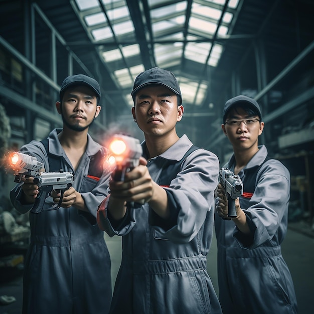 Asian Workers Holding Spray Gun Antiseptic