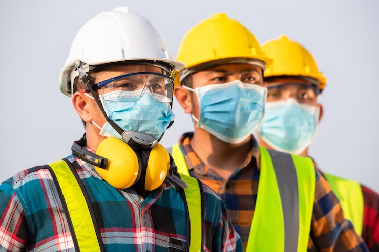 Photo asian workers wear protective face masks for safety in construction site. new normal