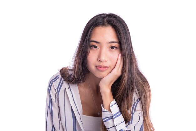 Asian Young beautiful woman has headache isolated studio portrait