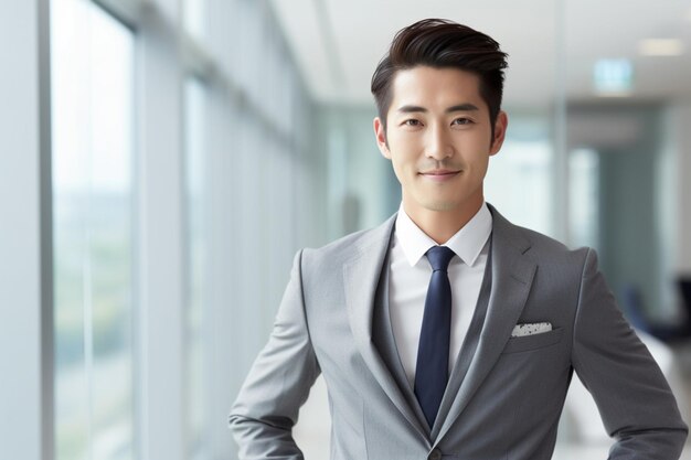 Asian young business man in gray suit with happy expression