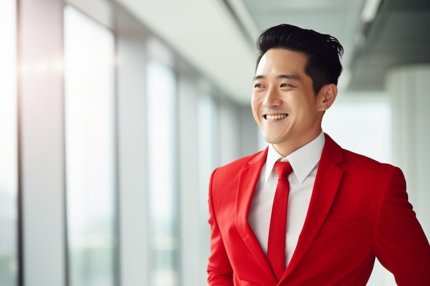 Asian young business man in red suit with happy expression