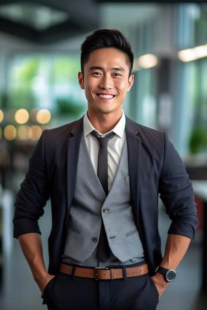 Молодой азиатский бизнесмен, стоящий в офисе и уверенно улыбающийся.