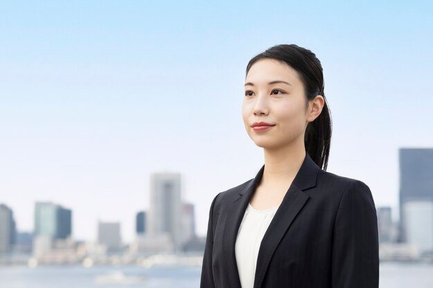 Giovane donna asiatica di affari e paesaggio della città di tokyo nella bella giornata