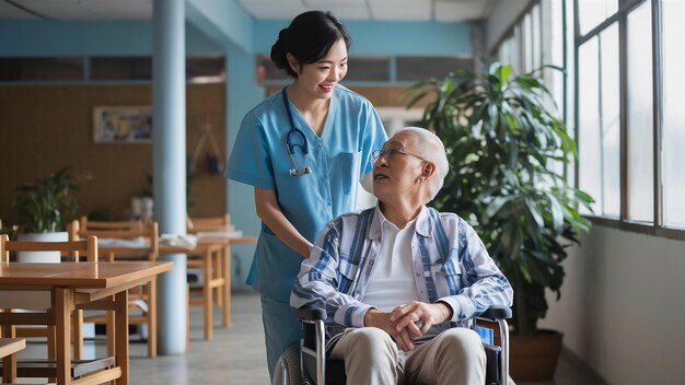 Asian young caregiver caring for her elderly patient at senior daycare handicap patient in a wheelc