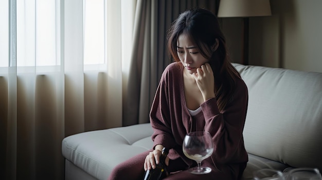 写真 ワインを飲むアジアの若いうつ病女性床に座っている魅力的な美しい女の子は、リビング ルームで一人で酔っぱらって二日酔いの心を壊したと感じてアルコールのボトルを保持します