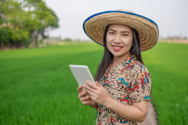 Supporto asiatico del fronte di sorriso della giovane donna asiatica del coltivatore e per mezzo del cellulare della compressa all'azienda agricola verde del riso