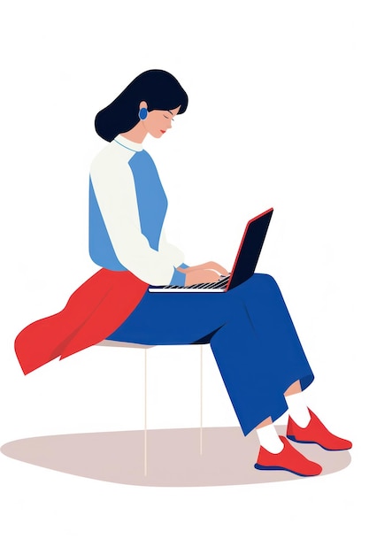 Asian Young Female Playing on Laptop Minimalism Flat Illustration AI Generated