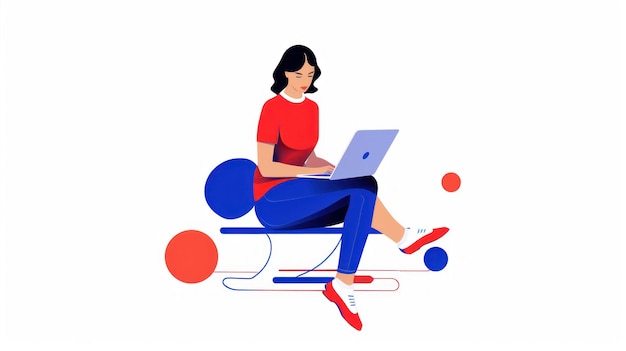 Asian Young Female Playing on Laptop Minimalism Flat Illustration AI Generated