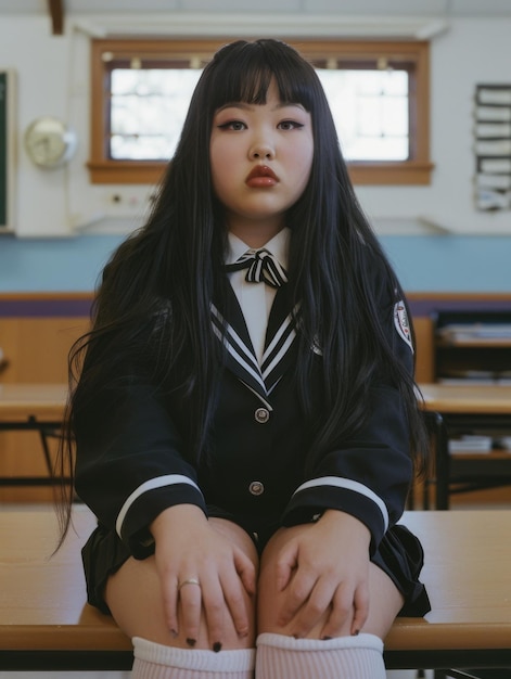 Фото Молодая азиатская девушка в школьной форме в классе в школе в мини-юбке красивая и милая