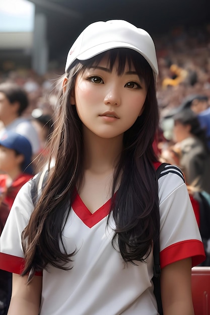 Asian young girl sports fan cheering on soccer match at field generative ai