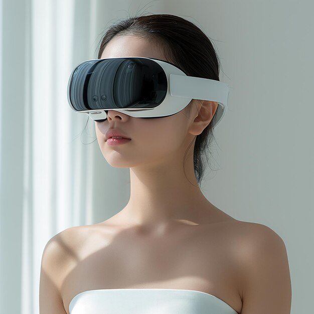 Foto ragazza asiatica che usa un auricolare vr