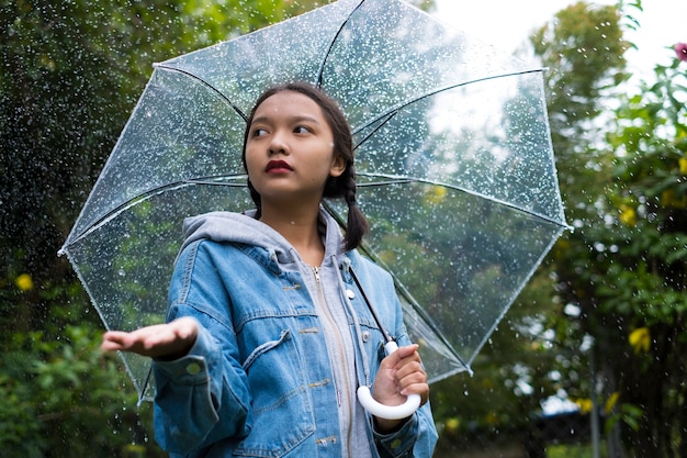 Asian young girl wear jean jacket with umbrella in the garden.