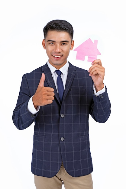 Asian young handsome and cheerful business man hold icon