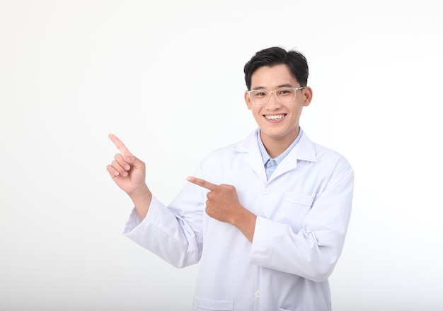 Asian young handsome medical nursery staff in doctor blouse coat isolated on white background