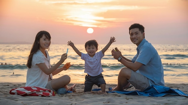 Молодая счастливая азиатская семья наслаждается отдыхом на пляже вечером.