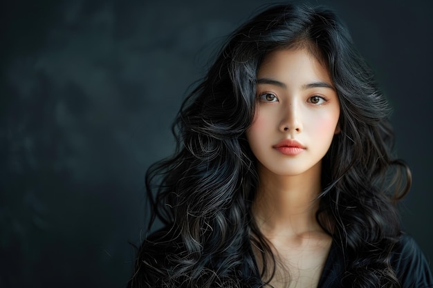 Молодая азиатская леди с длинными волнистыми волосами.
