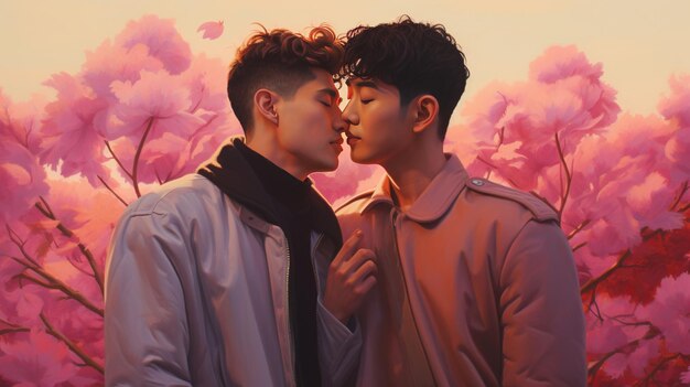 Asian young love gay couple in sakura background Kissing Love concept